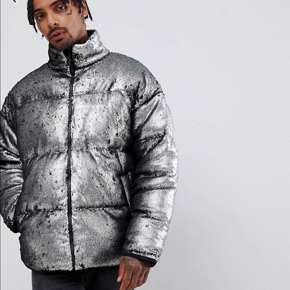 ASOS Silver Sequins Puffer Jacket 3XL